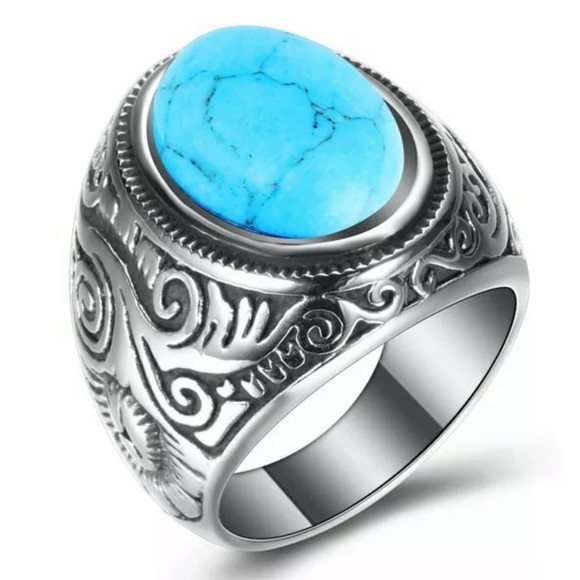 Stylish Silver Stainless Steel Turquoise Ring! - Picture 4 of 5